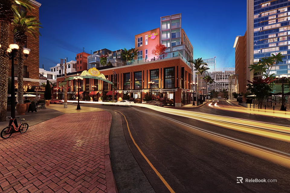 Vibrant Commercial Street At Night With Modern Buildings And Outdoor Dining Areas 3d model 