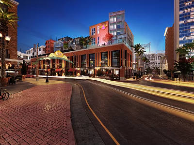 Vibrant Commercial Street At Night With Modern Buildings And Outdoor Dining Areas 3d model