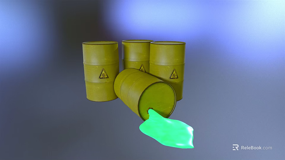 Yellow Barrels With Warning Signs And Tipped Barrel Spilling Green Liquid 3d model 