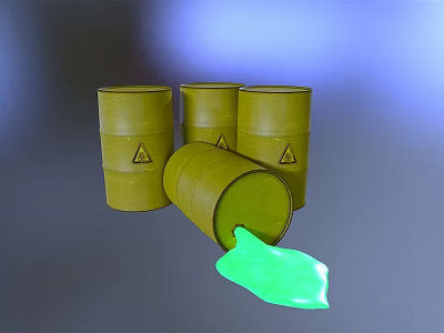 Yellow Barrels With Warning Signs And Tipped Barrel Spilling Green Liquid 3d model