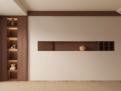 Minimalist Sofa Backdrop Wall with Wooden Shelves Lighting and Decorative Vase 3d model