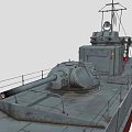 Military Warship With Gray Hull Red Bottom And Deck Weapon Systems 3d model