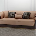 Modern Light Brown Leather Double Sofa with Zebra Pattern Pillows and Dark Gold Trim Base 3d model
