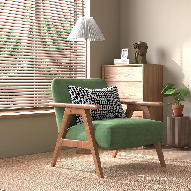 Green Single Sofa In Living Room With Wooden Armrests Checkered Pillow And Lamp 3d model 