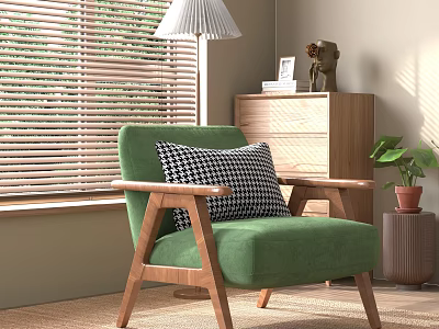 Green Single Sofa In Living Room With Wooden Armrests Checkered Pillow And Lamp 3d model