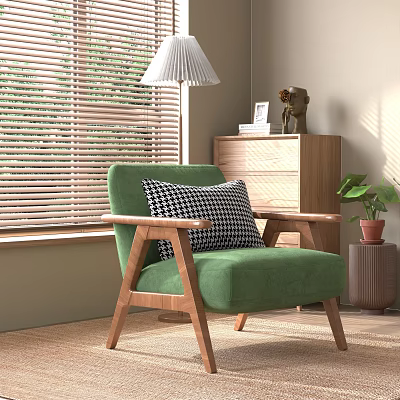 Green Single Sofa In Living Room With Wooden Armrests Checkered Pillow And Lamp 3d model