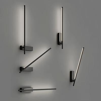 Modern Minimalist Wall Lamps With Long Strip Lights Black Metal Brackets On Gray Wall 3d model