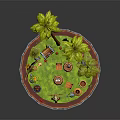 Cartoon Scene With Palm Trees Scarecrow Clay Pots And Wooden Barrels On Circular Platform