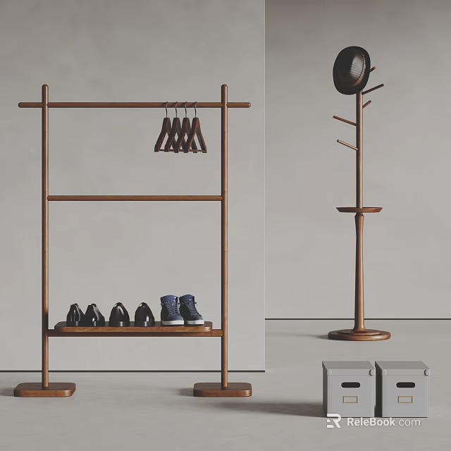 Wooden Clothes Rack With Hangers Shelf Shoe Storage And Tree Shaped Coat Rack For Hats 3d model 