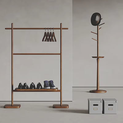 Wooden Clothes Rack With Hangers Shelf Shoe Storage And Tree Shaped Coat Rack For Hats 3d model