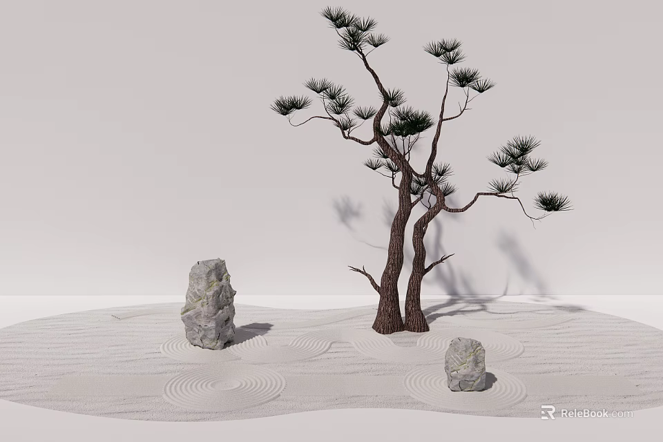 Zen Courtyard Garden with Sandy Ground Pine Tree Circular Sand Patterns and Two Rocks 3d model 
