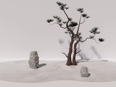 Zen Courtyard Garden with Sandy Ground Pine Tree Circular Sand Patterns and Two Rocks 3d model