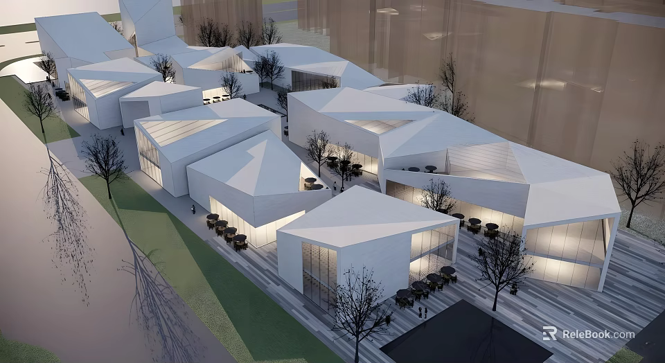 Bright Modern Commercial Street With White Geometric Buildings Outdoor Seating And Trees 3d model 