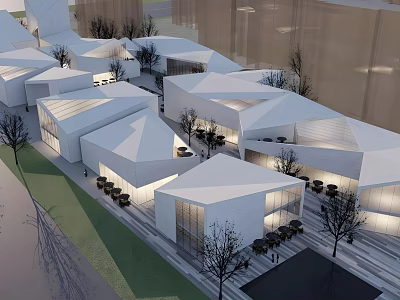 Bright Modern Commercial Street With White Geometric Buildings Outdoor Seating And Trees 3d model