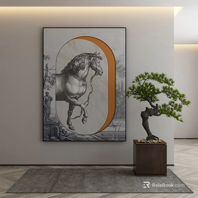 Elegant Horse Animal Painting With Rectangular Frame And Potted Tree In Modern Interior 3d model