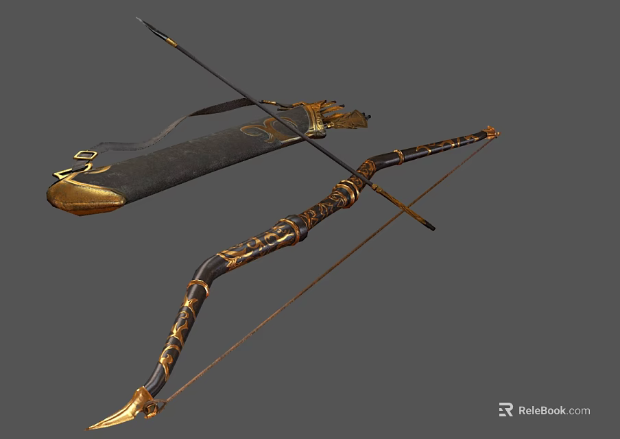 Ornate Decorative Bow With Gold And Black Design And Intricate Carvings 3d model 