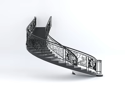 Black Spiral Staircase With Intricate Wrought Iron Railings And Curved Design 3d model