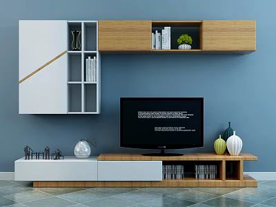 Modern TV Stand with Wall Mounted Cabinet Books Green Plant and Decorations in Living Room 3d model