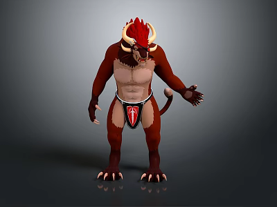 Mythical Creature Character With Red Horns Brown Muscular Body Black Shorts And Tail 3d model