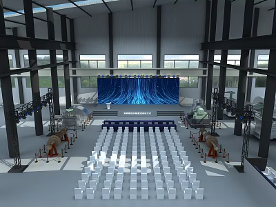 Large Event Venue Interior With White Chairs And Blue Stage Screen 3d model