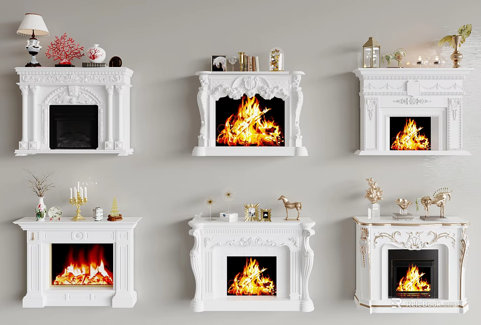 Various White Fireplaces With Burning Flames And Decorative Ornaments On Mantelpieces 3d model 