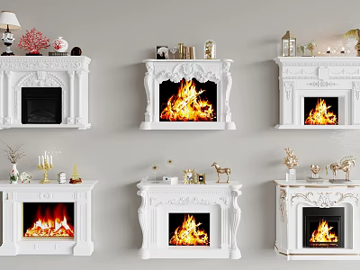 Various White Fireplaces With Burning Flames And Decorative Ornaments On Mantelpieces 3d model