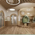 Elevator Hallway Interior With Wooden Flooring Circular Pendant Lights Curved Design Green Seating And Bookshelves