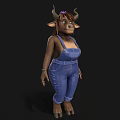 Cute Cartoon Cow Character Wearing Blue Overalls With Horns And Hair Accessory