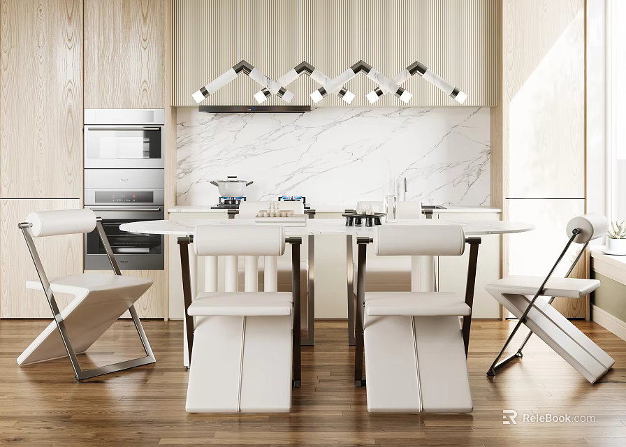 Modern Dining Room With Wooden Walls White Marble Countertop Pendant Lights And Dining Table Chairs 3d model 