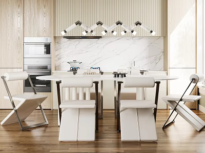 Modern Dining Room With Wooden Walls White Marble Countertop Pendant Lights And Dining Table Chairs 3d model