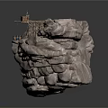 Rocky Mountain Terrain With Wooden Plank Walkway And Suspension Bridge Structure
