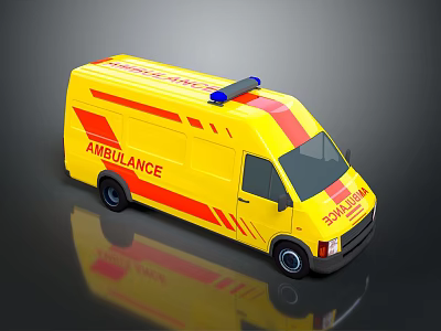 Yellow Ambulance Vehicle With Red Stripes And Blue Emergency Lights 3d model
