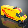 Yellow Ambulance Vehicle With Red Stripes And Blue Emergency Lights