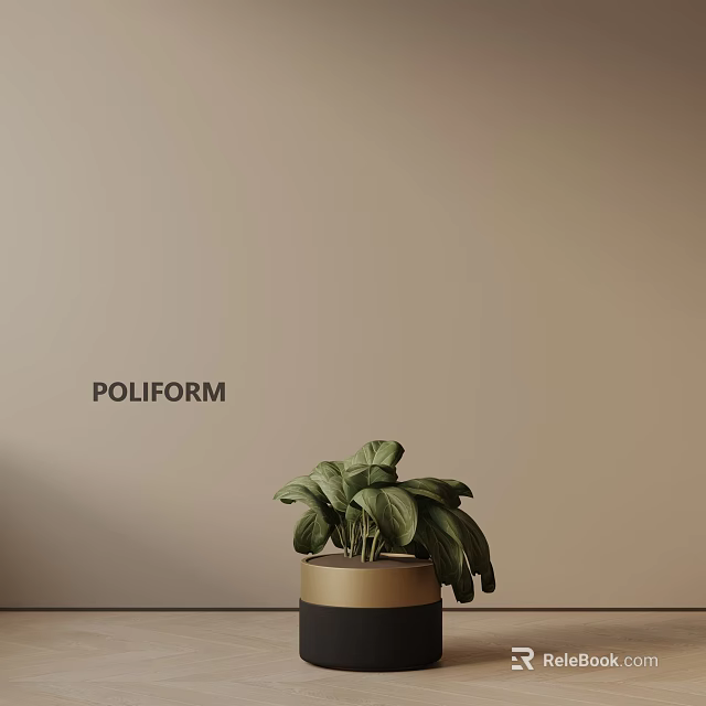 Green Leaf Potted Plant in Black Pot with Gold Rim against Beige Wall and POLIFORM 3d model 