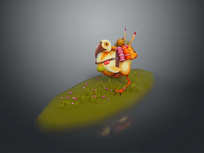 Cartoon Bird Game Character With Backpack Holding Baton on Green Grass with Small Flowers 3d model