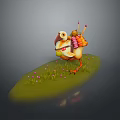 Cartoon Bird Game Character With Backpack Holding Baton on Green Grass with Small Flowers