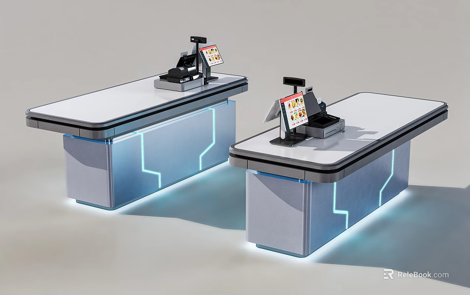 Modern Two Checkout Counters With LED Lighting And POS Machine Display Screen 3d model 