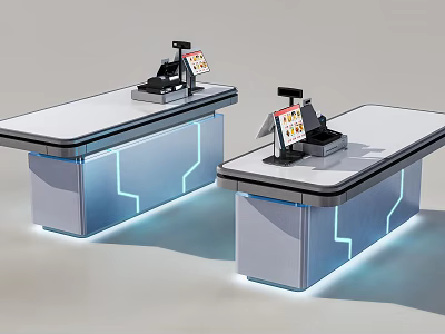Modern Two Checkout Counters With LED Lighting And POS Machine Display Screen 3d model