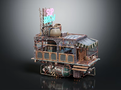 Steampunk Themed Mobile Building With Neon Spicy Sign Metal Structure Canopy And Wheeled Base 3d model