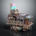 Steampunk Themed Mobile Building With Neon Spicy Sign Metal Structure Canopy And Wheeled Base