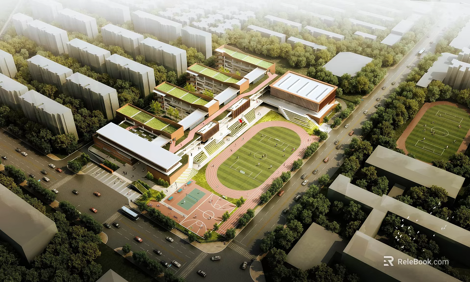 Modern School Buildings with Green Roofs Football Field Basketball Court Surrounded by Trees and Roads 3d model 
