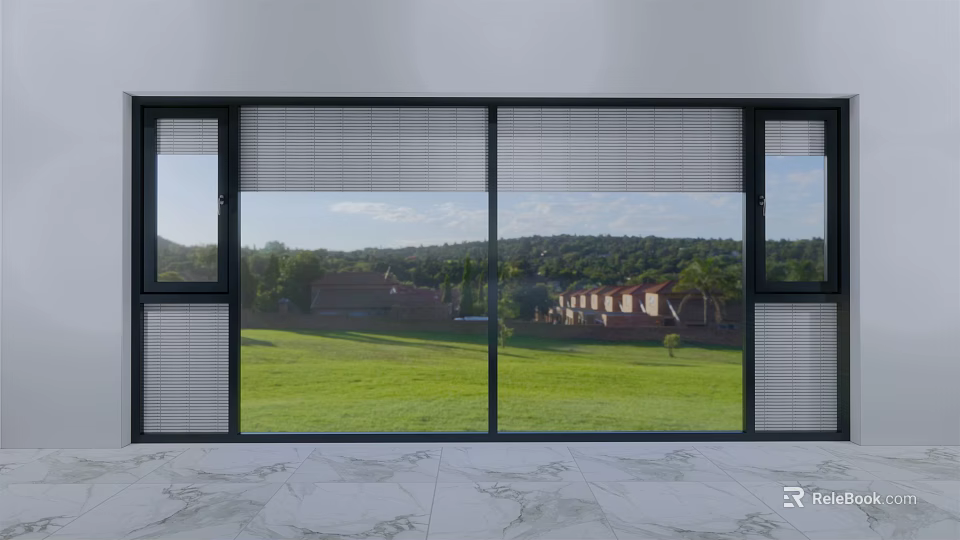 Stylish Window Blinds Featuring Green Lawn And Distant Buildings Outdoor View 3d model 