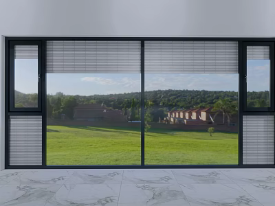 Stylish Window Blinds Featuring Green Lawn And Distant Buildings Outdoor View 3d model