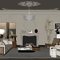 Elegant Living Room Interior With Fireplace Chandelier Sofa Coffee Table Rug And Tall Plants