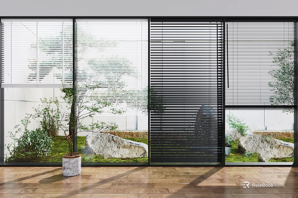 Modern Interior Featuring Venetian Blinds On Windows With Natural Light Plants And Wooden Flooring 3d model 