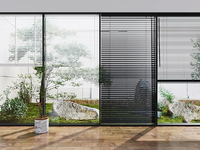 Modern Interior Featuring Venetian Blinds On Windows With Natural Light Plants And Wooden Flooring 3d model
