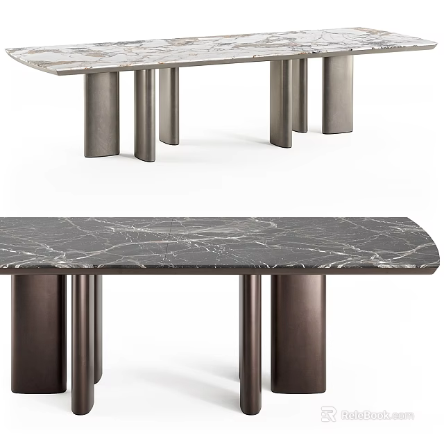 Modern Marble Top Table with Natural Vein Patterns and Metal Cylindrical Legs Design 3d model 