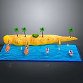 Tropical Island Scene With Palm Trees Green Area Blue Water Surfboards And Boats