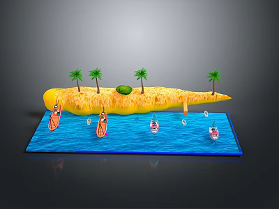 Tropical Island Scene With Palm Trees Green Area Blue Water Surfboards And Boats 3d model