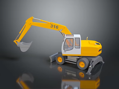 Yellow White 316 Excavator Construction Vehicle With Cab Bucket And Yellow Wheels 3d model